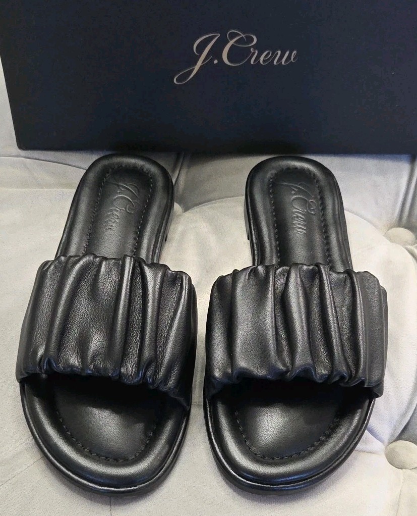 J Crew Single Scrunch Strap Delta Sandal Black Leather Womens Shoes 5 New In Box