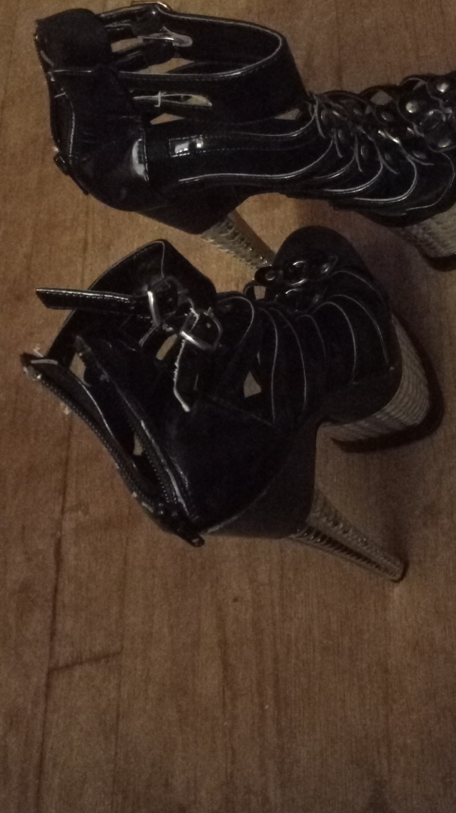 Black Strappy Platform Stiletto Heels Open Toe Metal Eyelets Synthetic Women