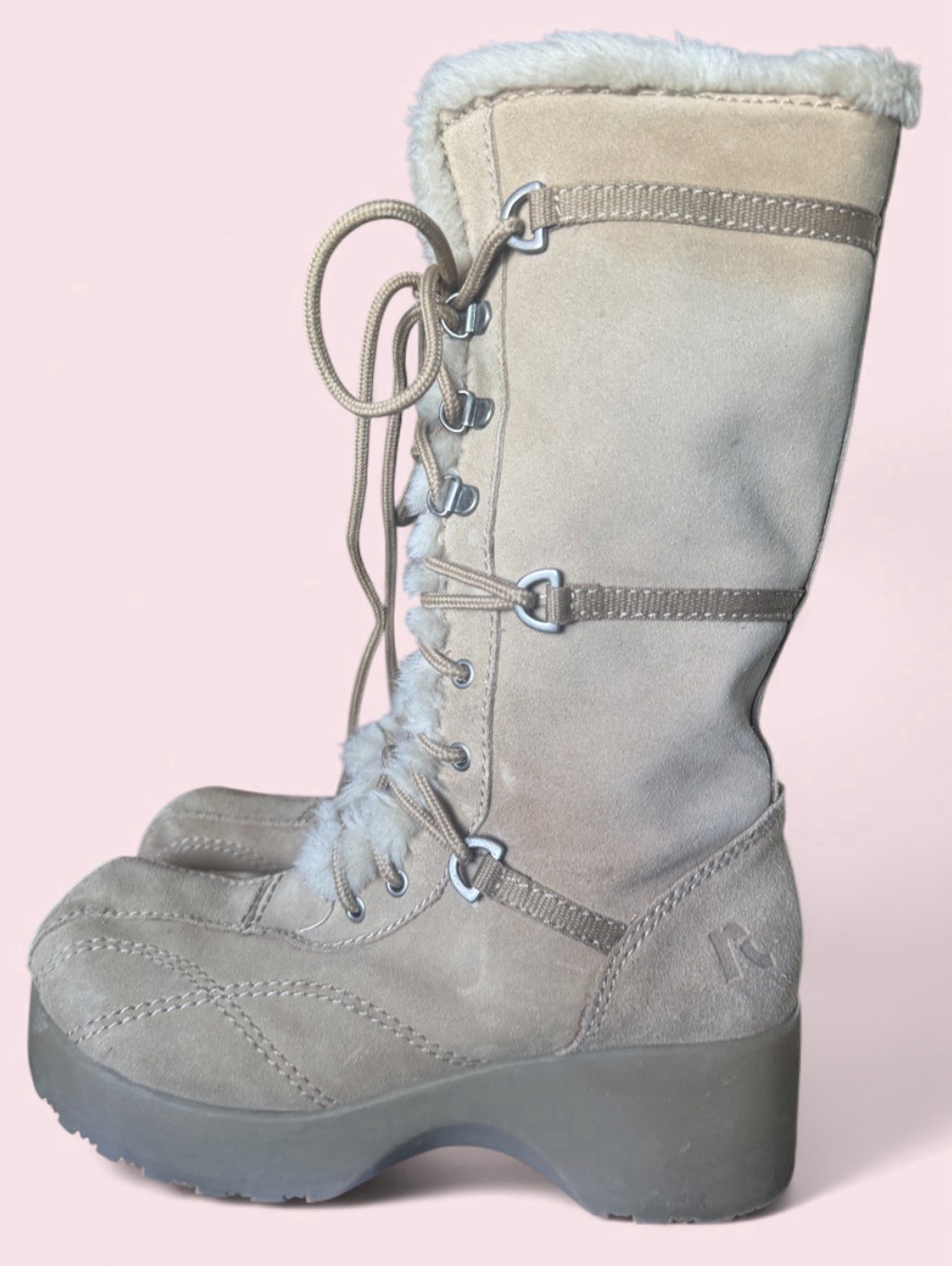 Y2K Vintage Report US W8 Beige Suede Knee High Lace Up Faux Fur Lined Boots