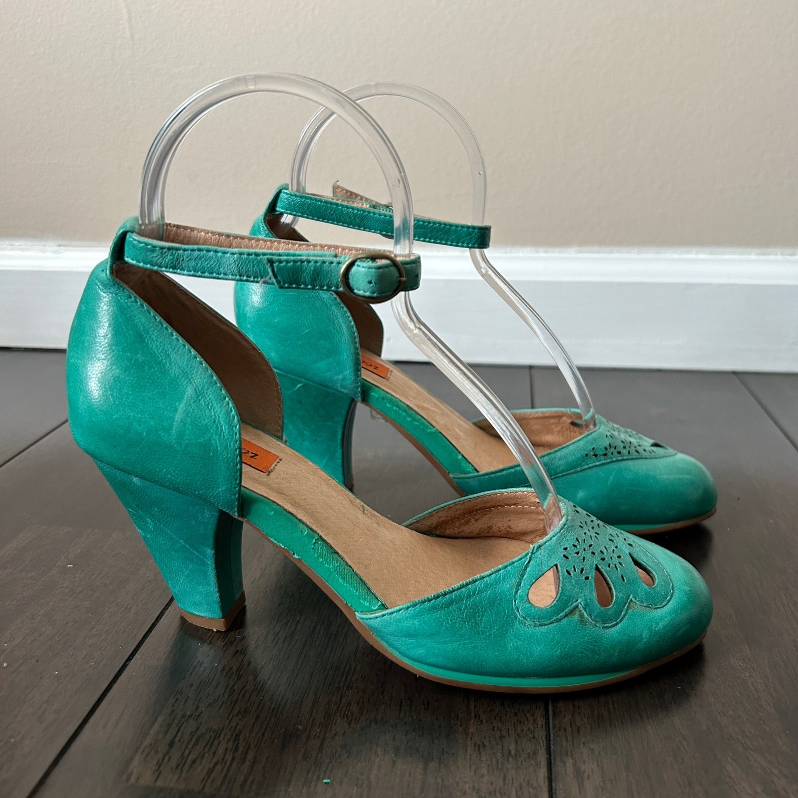 Miz Mooz Teal Leather Laser Cut Scalloped Ankle Strap D’Orsay Cone Heels 7