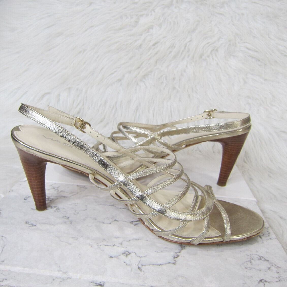 Via Spiga Strappy Metallic White Gold Sandals Heels Size 10.5 M