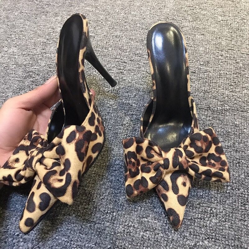 Womens High Heels Leopard Big Bowknot Pointy Toe Slipper Slip On Party Shoes New