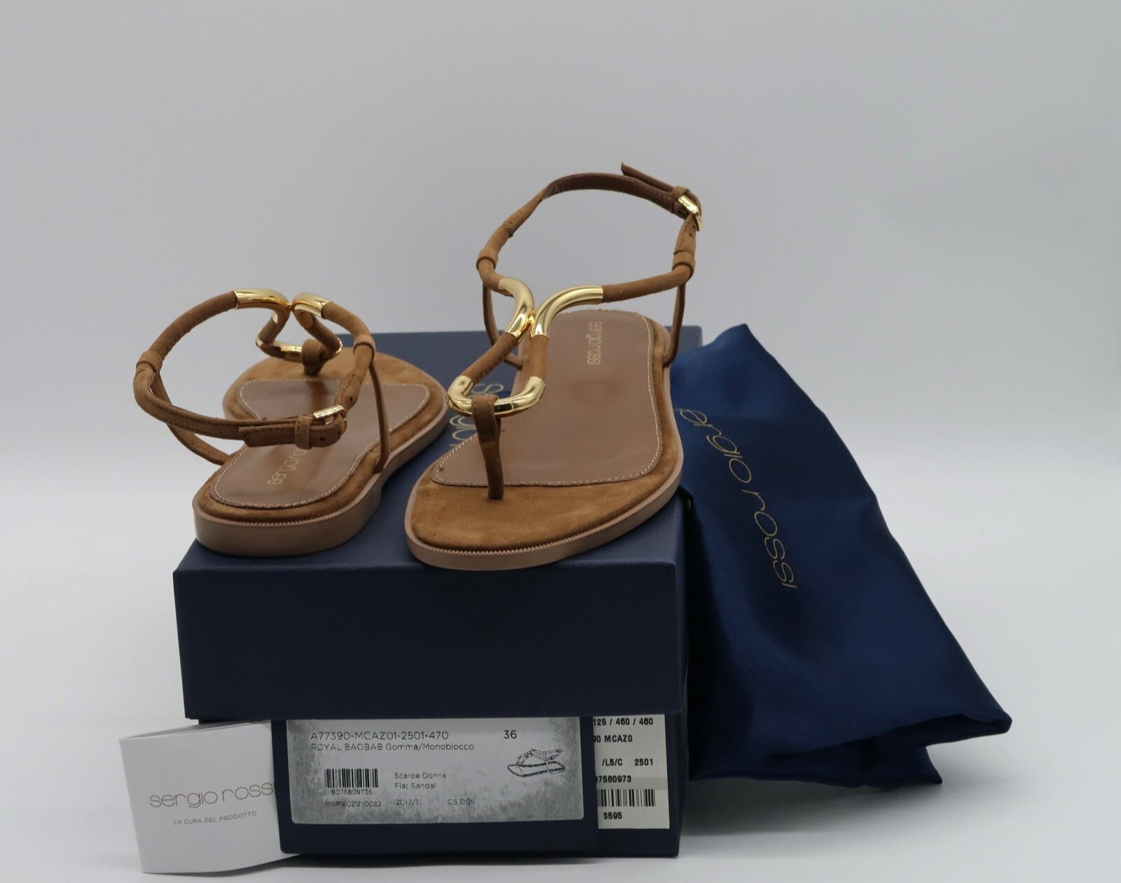 Sergio Rossi Tone Thong Suede Twist Gold Brown Sandals US 6 IT 36 Brand New $595