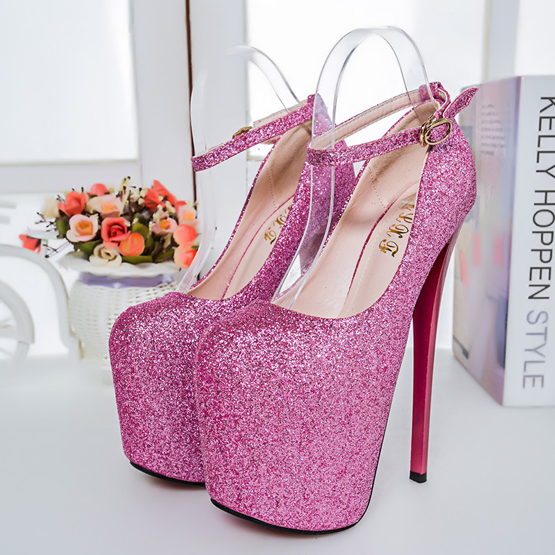 Glittering Drag Queen Men’s Heels Platform Pink Crossdresser Ankle Strap Shoes