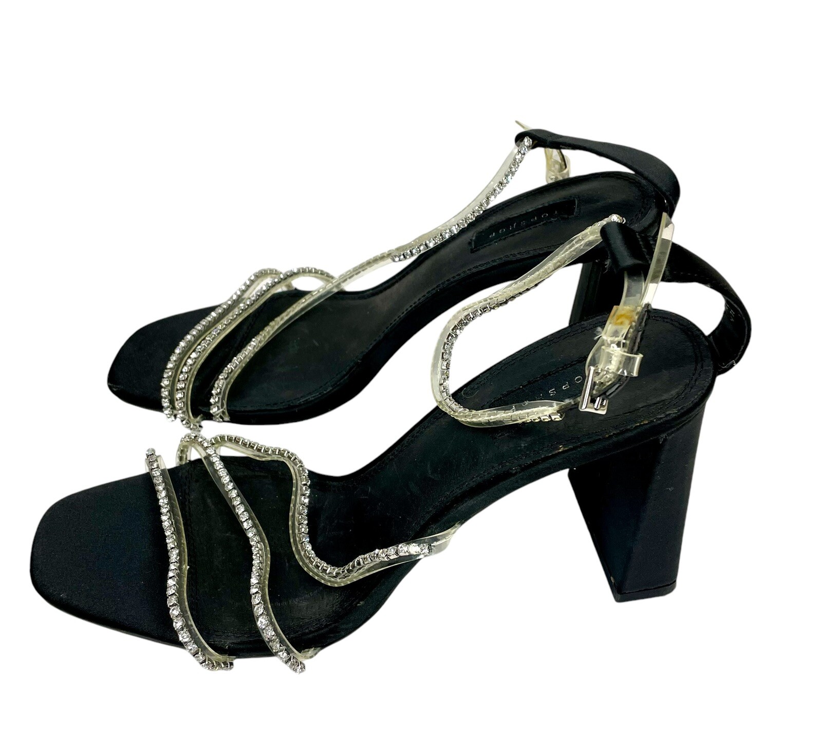 Topshop Black Satin Block Heel Rhinestones Embellished Straps SZ 42 EU NEW SH03