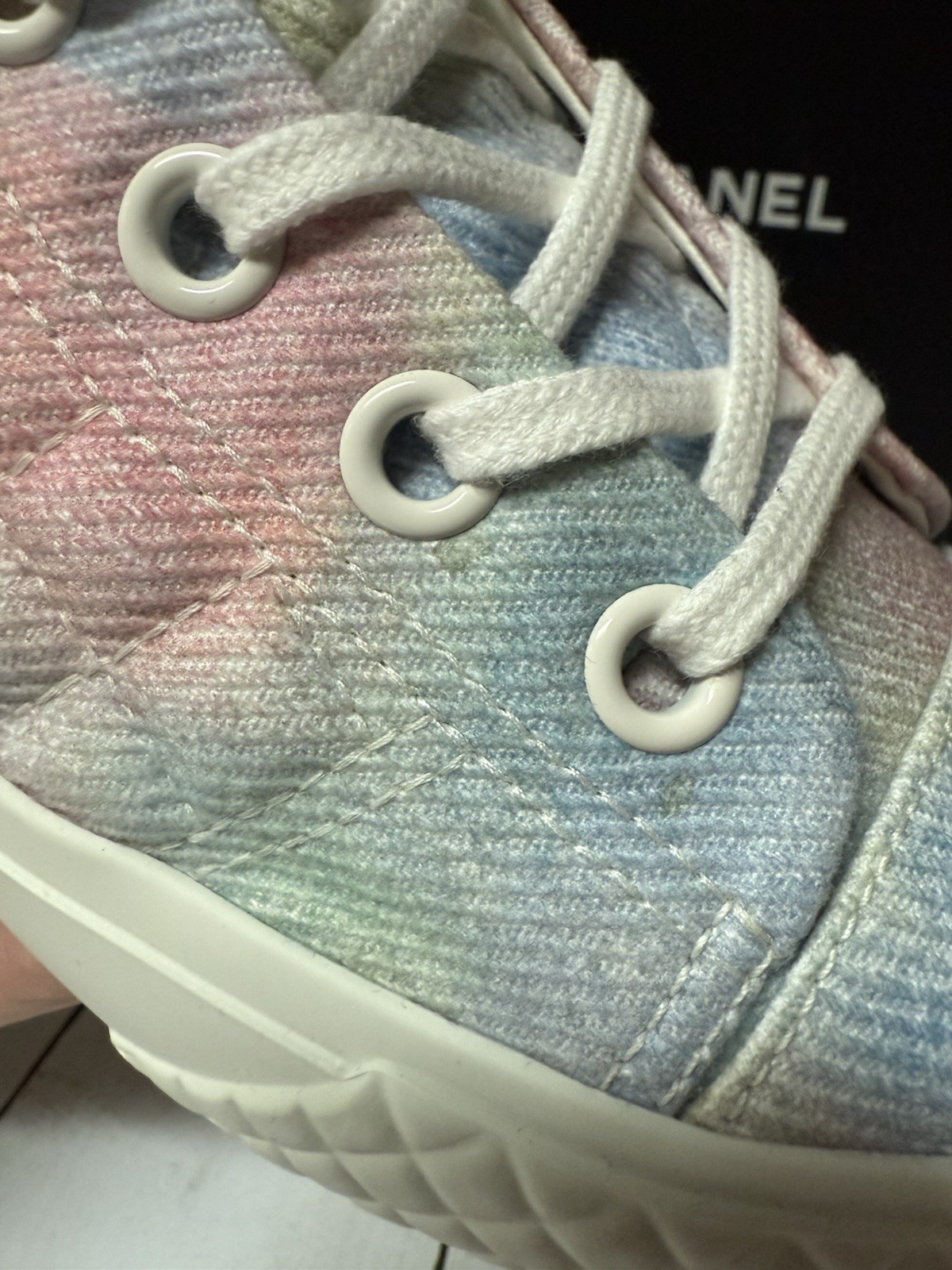 CHANEL Printed Fabric Quilted High Top Sneakers Green Pink Blue Sz 36 / 6