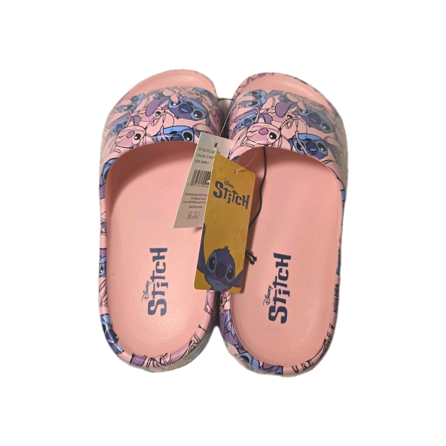 Women’s Disney Stitch & Angel Slides – Blue/Pink Sandals Slippers New With Tags