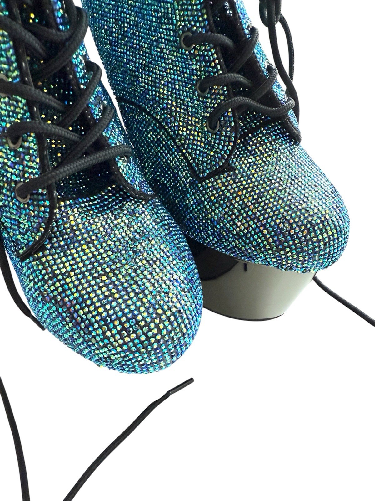 PLEASER Sexy 7″ Heel Chrome Platform Turquoise Rhinestones Covered Ankle Boots
