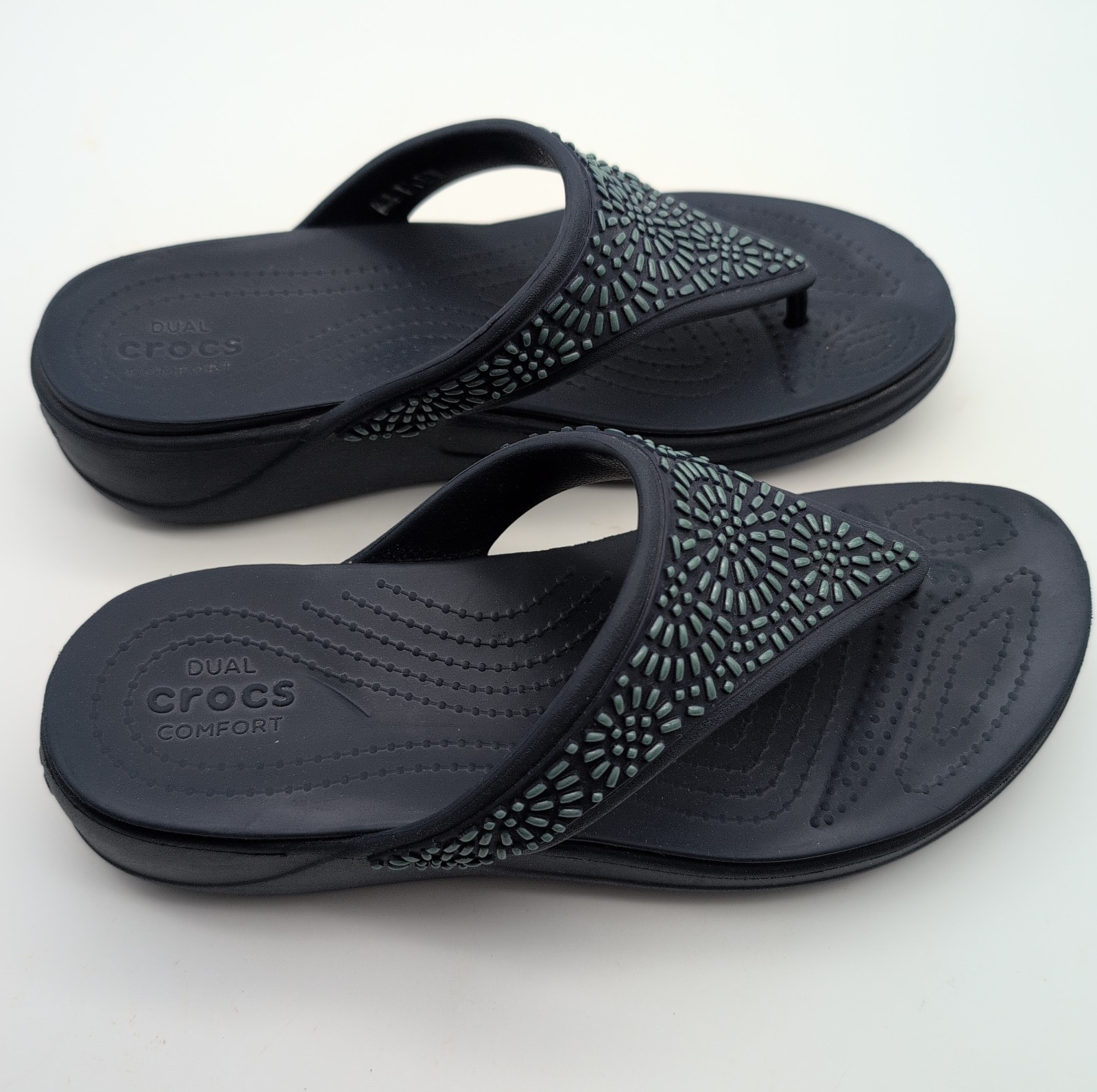 Crocs Monterey Diamante Sandals Womens 10 Blue Comfort Platform Wedge Thong Boho