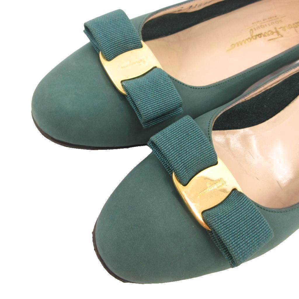 Salvatore Ferragamo Grosgrain Ribbon Pumps Suede Moss Green Women’s Size US 8