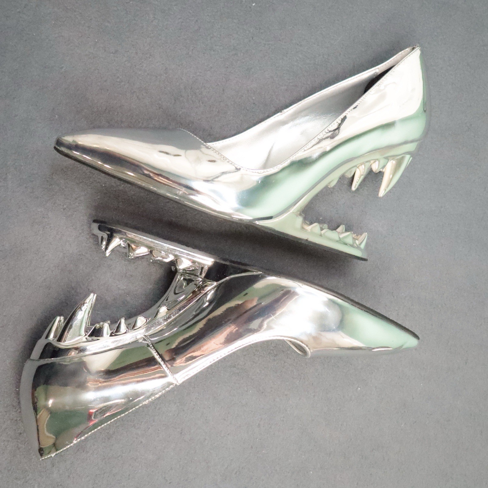 Metallic Silver Chrome Monster Teeth Jaw Heels Pointed Pumps Women Size 9.5
