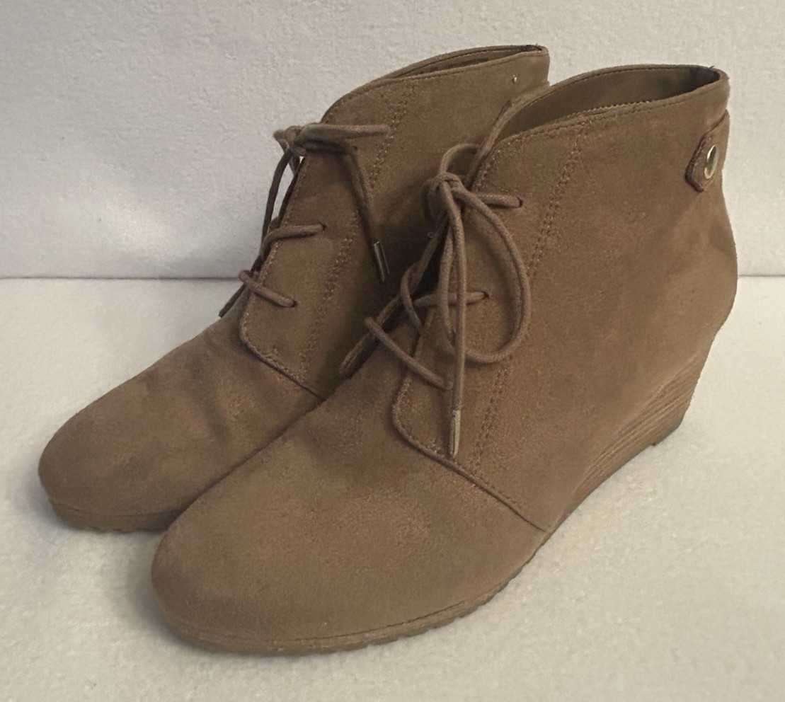 Dr. Scholl’s Be Energized Dakota Ankle Wedge Booties Brown Fabric Lace Up 7.5M