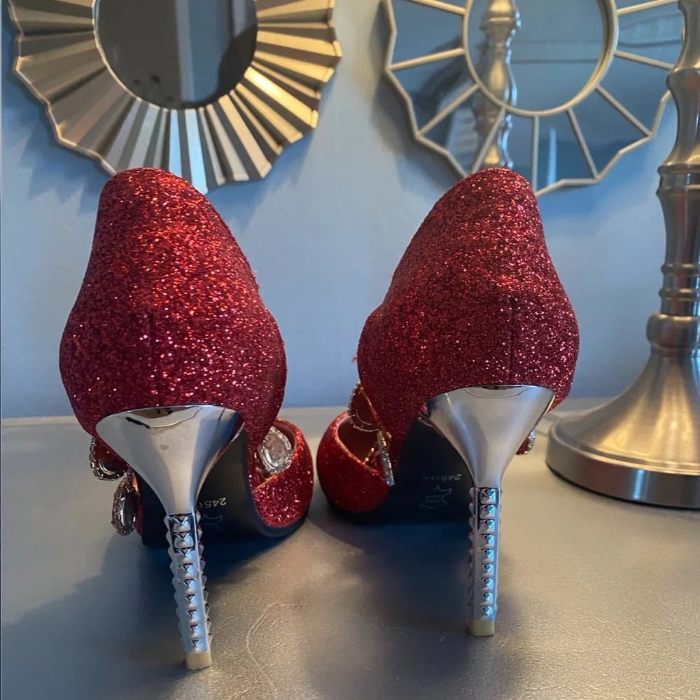 One of a Kind Italian Made Red Glitter Jeweled Rhinestone Skinny 3.5″ Metal Heel