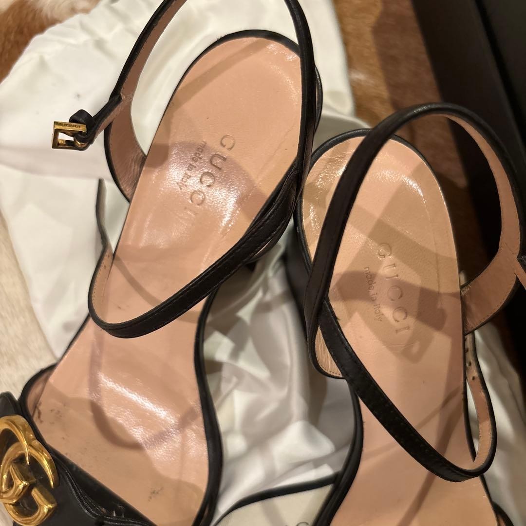 Gucci GG Marmont Leather Ankle Strap Sandals Black Chunky Heel Size 36 US 6 Box