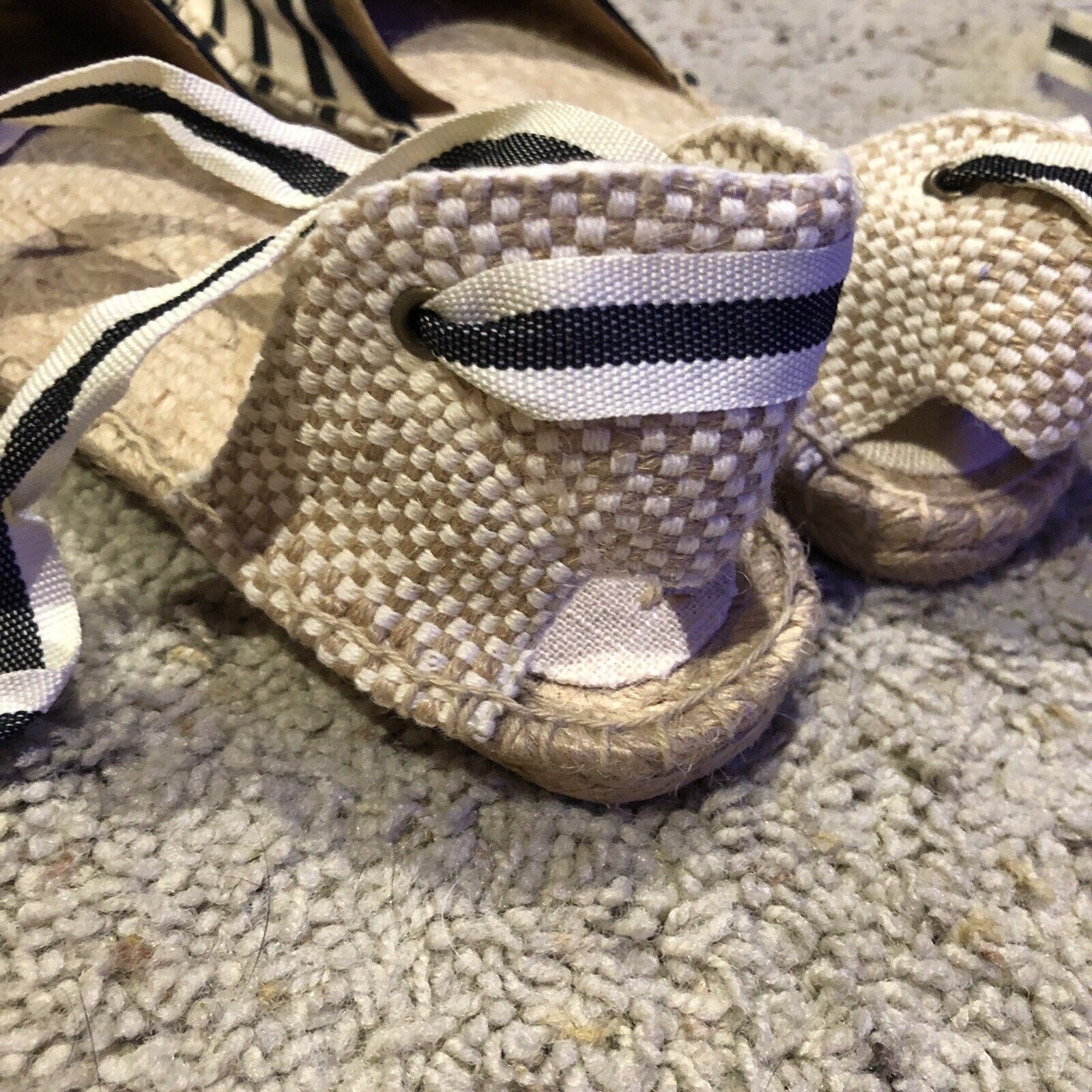 NEW SOLUDOS sz 6.5 Striped Ankle Tie Espadrille Sandals Natural/Black stripe Z22