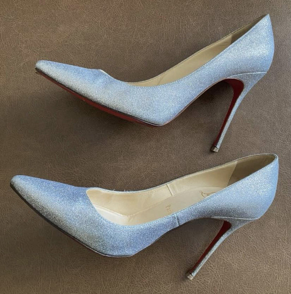 Christian Louboutin Silver Glitter Synthetic Pointed Toe Slip On Pumps Women 7.5