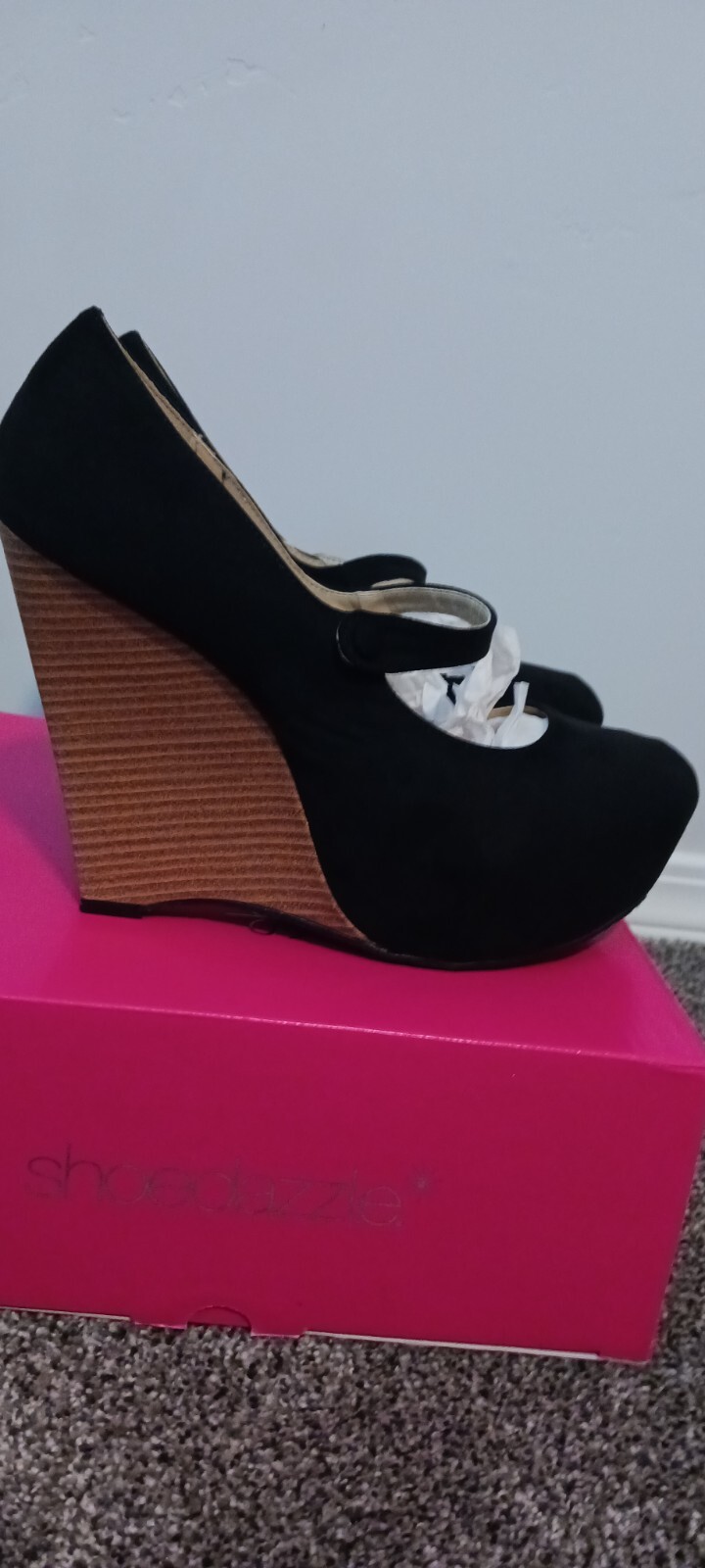 Shoedazzle Cici Black Fox Suede Wedges wIth Strap, size 10 women’s . New In Box