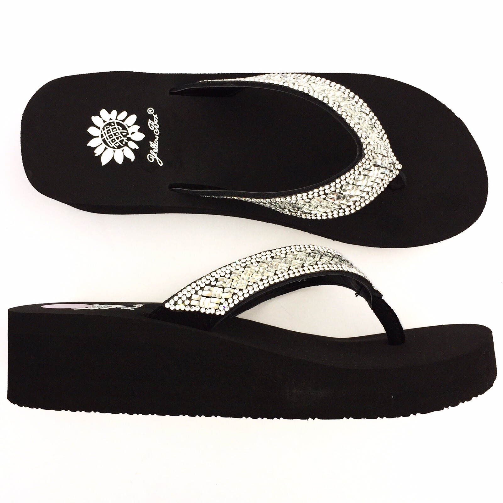 Yellow Box Flip Flops Sydnee Sparkle Clear Rhinestone Basketweave Wedge Sandals