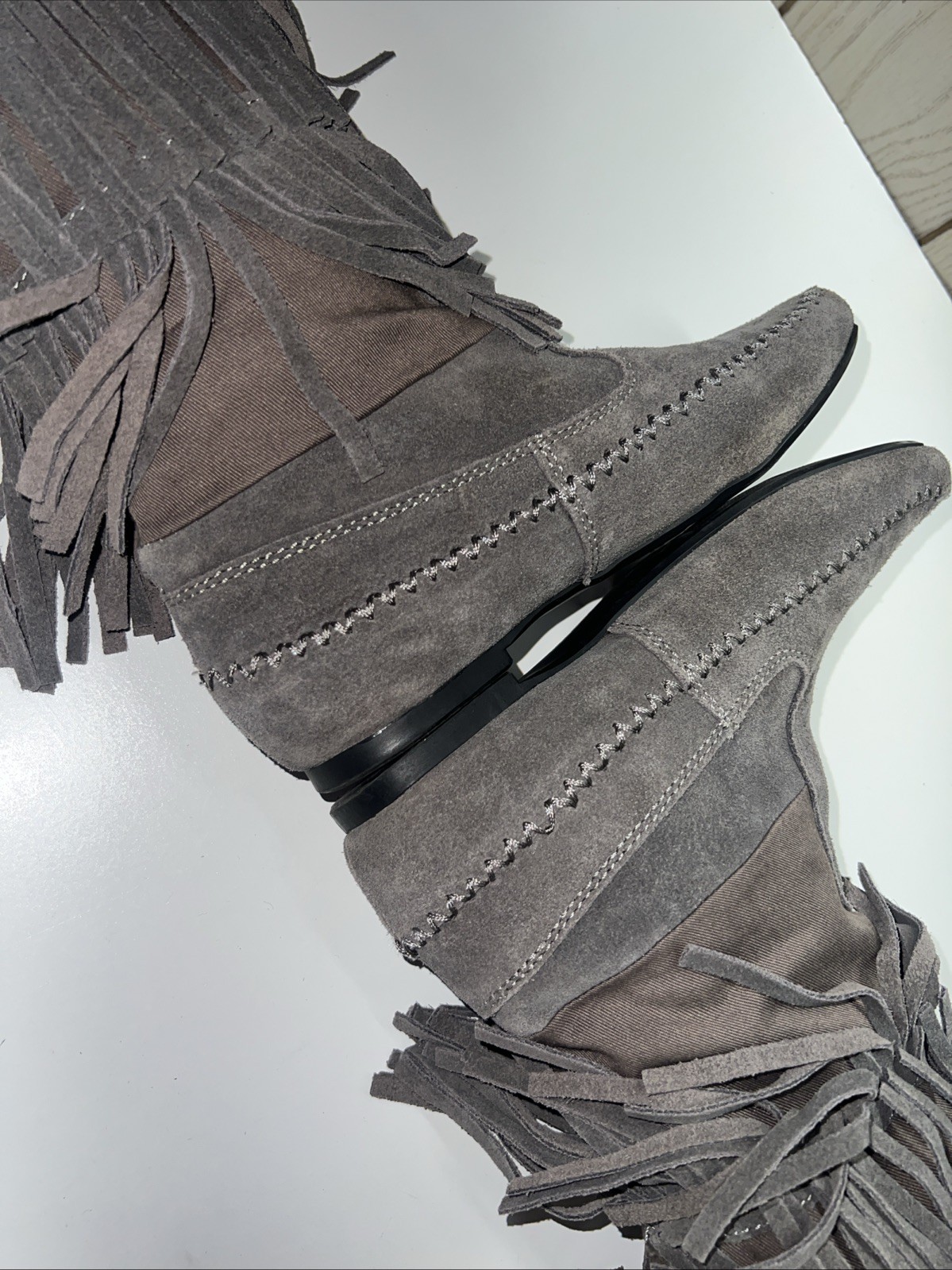 LC Lauren Conrad Thia 3-Tier Fringe Slip On Flat Festival BoHo Moccasin Boot 6 M