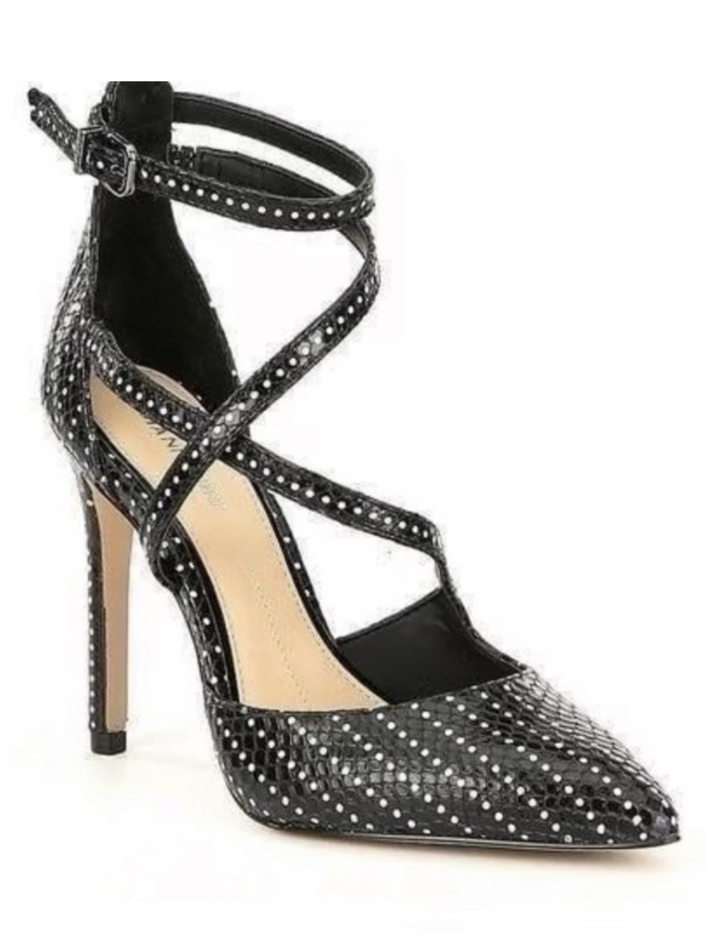 Gianni Bini Women’s Black/Silver Polka Dot Leather Pointed Toe Strappy Heels 7.5