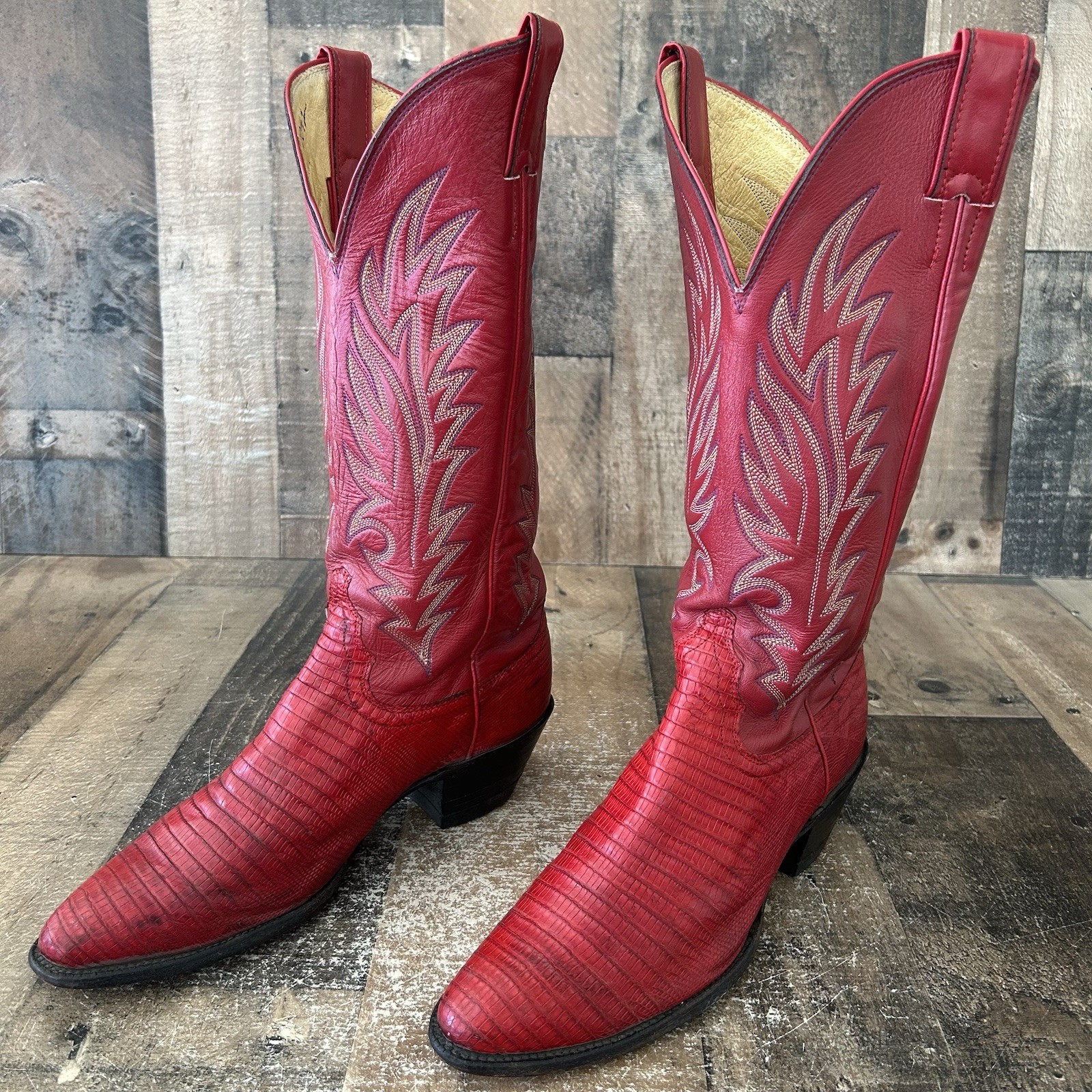 Justin Vintage Red Teju Lizard Western Cowboy Boots Womens 7.5 B