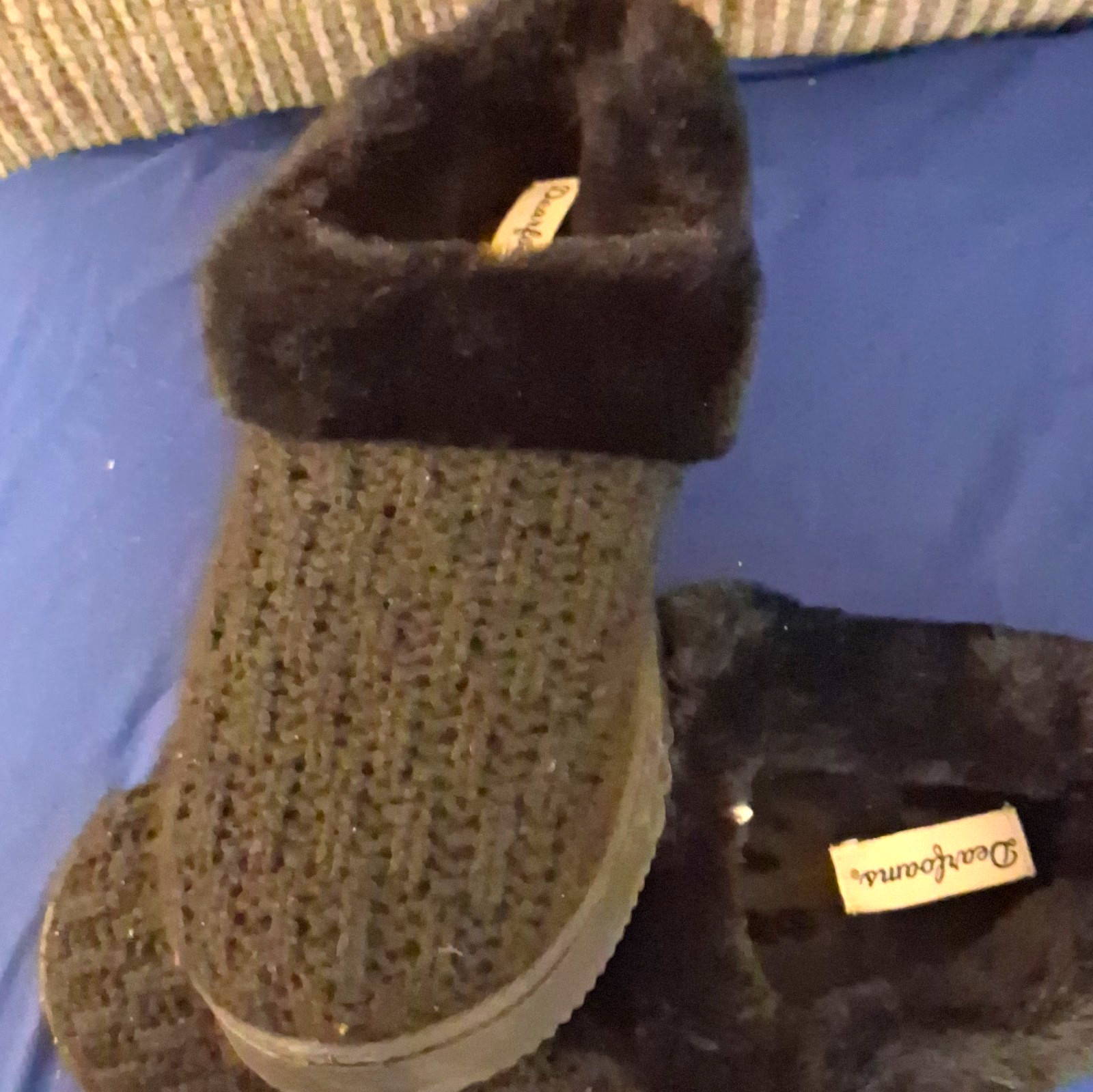 Dearfoams Women’s Black Knit Bootie Slippers Fur Trim Lined US 7