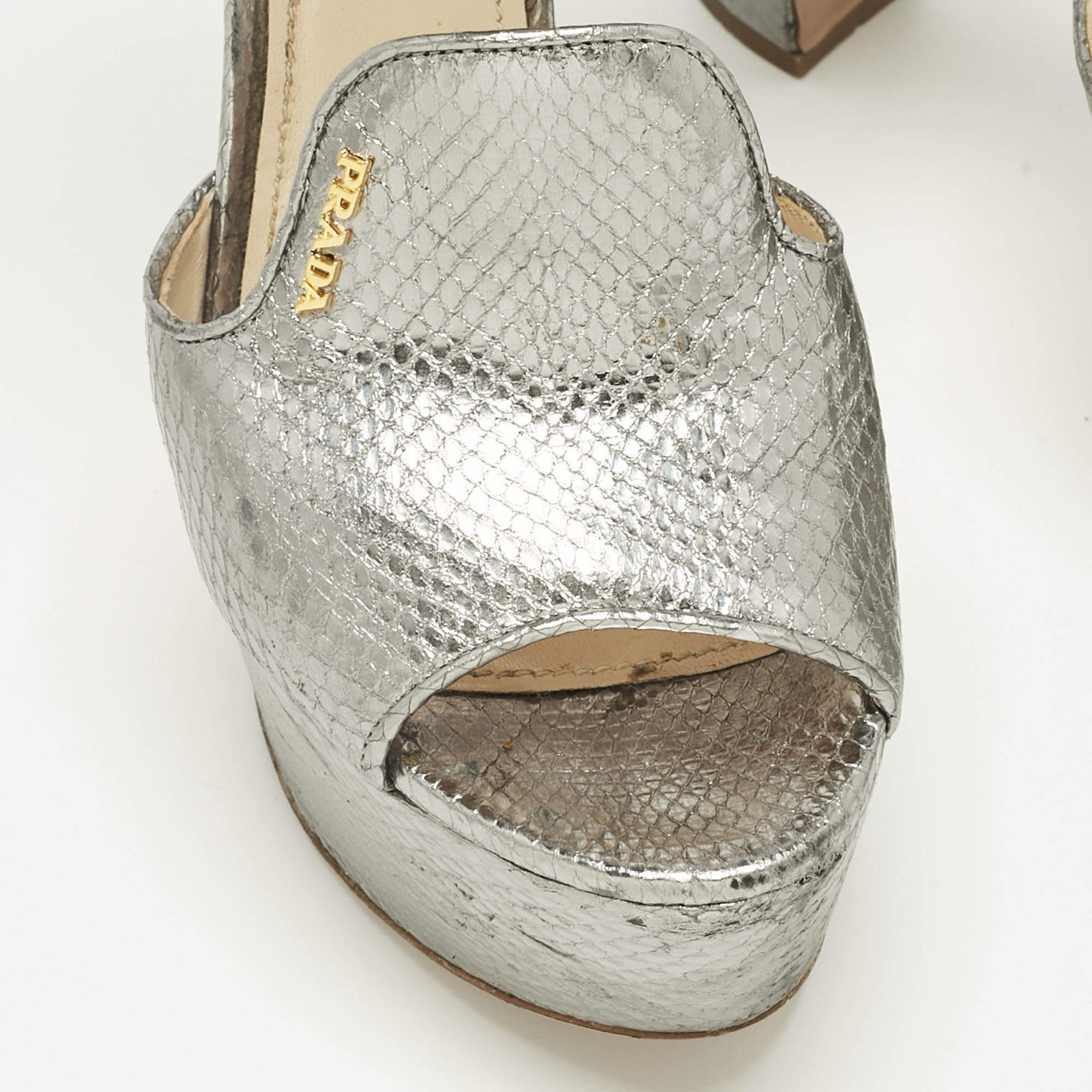 Prada Metallic Silver Python Embossed Leather Ankle Strap Platform Sandals Size