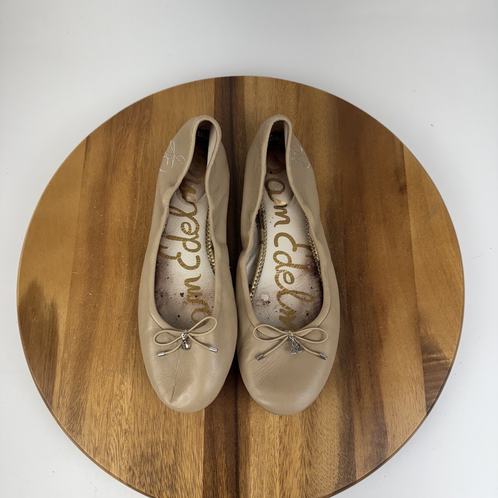 Womens Sam Edelman Felicia Beige Leather Casual Bow Ballet Flats Size 11.5 M GUC