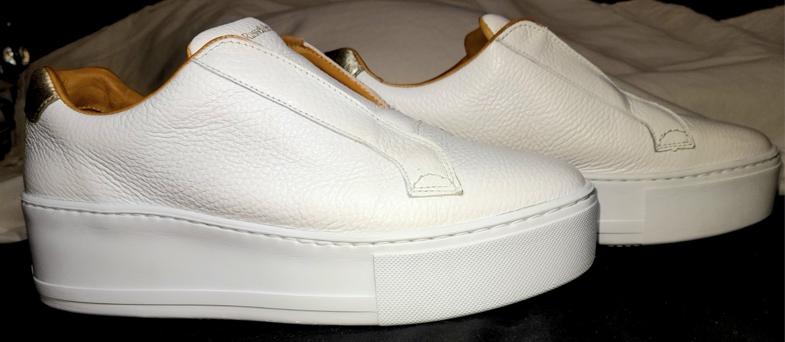 RUSSELL & BROMLEY WHITE LEATHER PARK UP LACE LESS, PLATFORM TRAINERS WOMEN SIZE