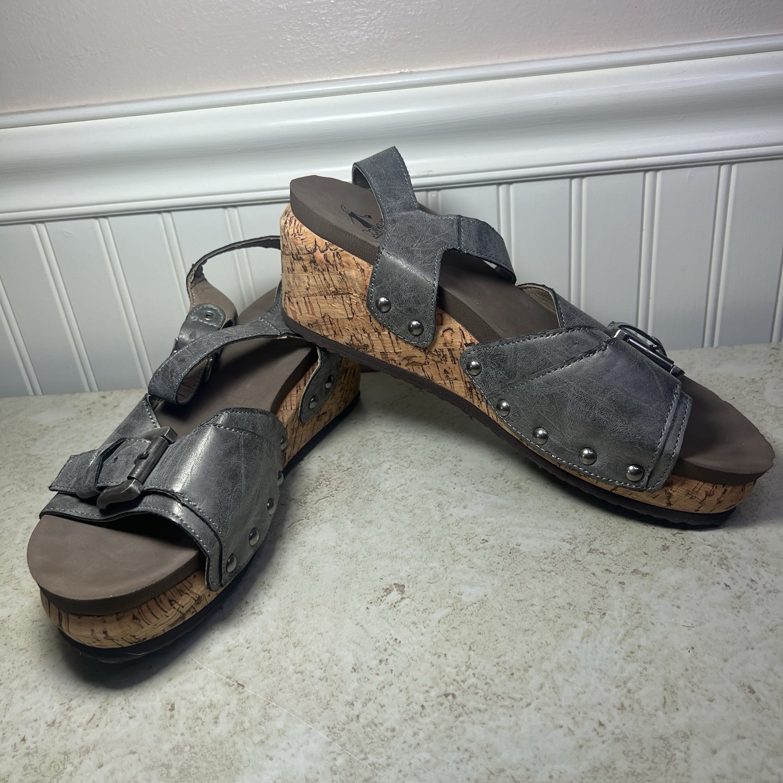 Corkys Metallic Silver Studded Platform Cork Wedge Sandal 9 Comfortable Edgy