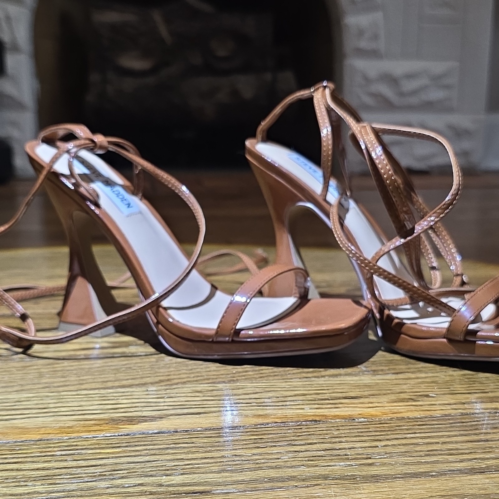 Steve Madden Brown Strappy Lace-Up Ankle Strap Square Toe Block Heel