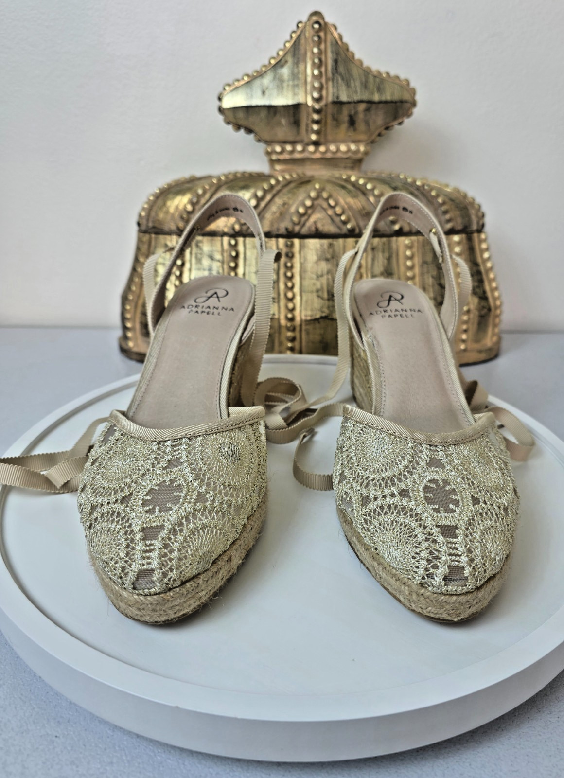 ADRIANNA PAPELL «Penny» Ivory Lace Espadrilles Wedge Natural Barcelona Mesh Sz 9
