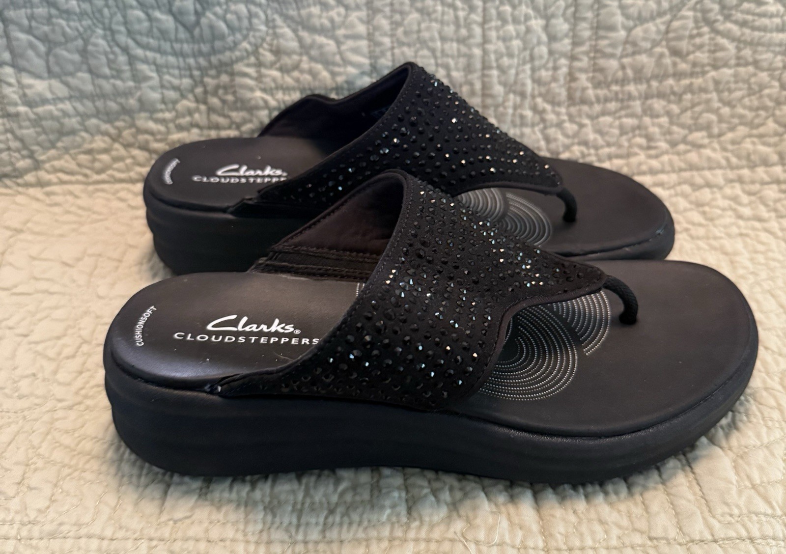 Clarks Drift Jaunt Cloud Steppers Sandals Rhinestone Thong Platform Black 6.5