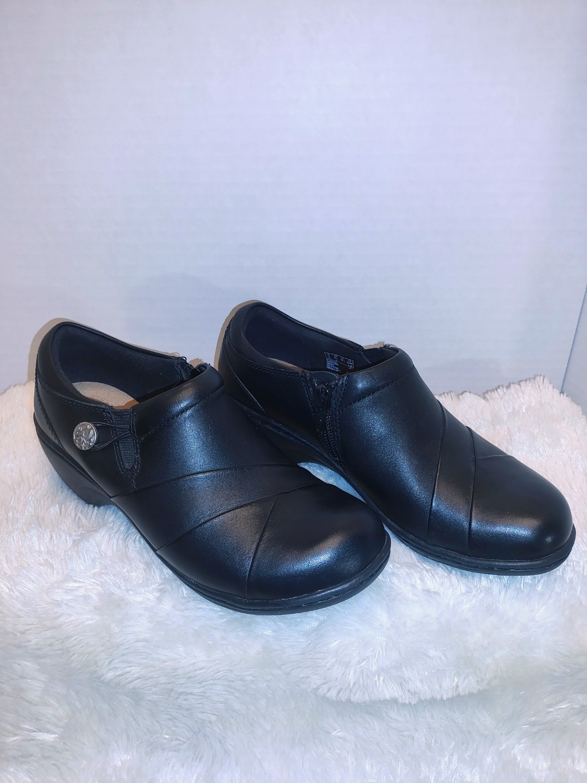 Clarks Collection Cushion Soft Black Leather Slip-On Wedge Comfort Women’s 5.5M