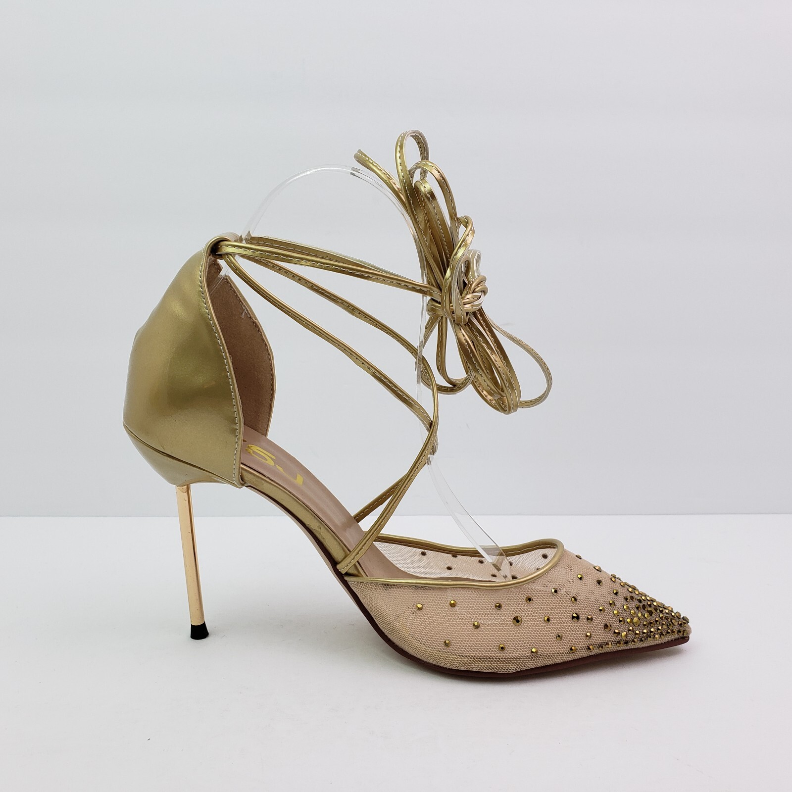 FSJ Womens Size 8 Gold Rhinestone Fashion Leg Ties Stiletto 4″Heels Pumps Shoes
