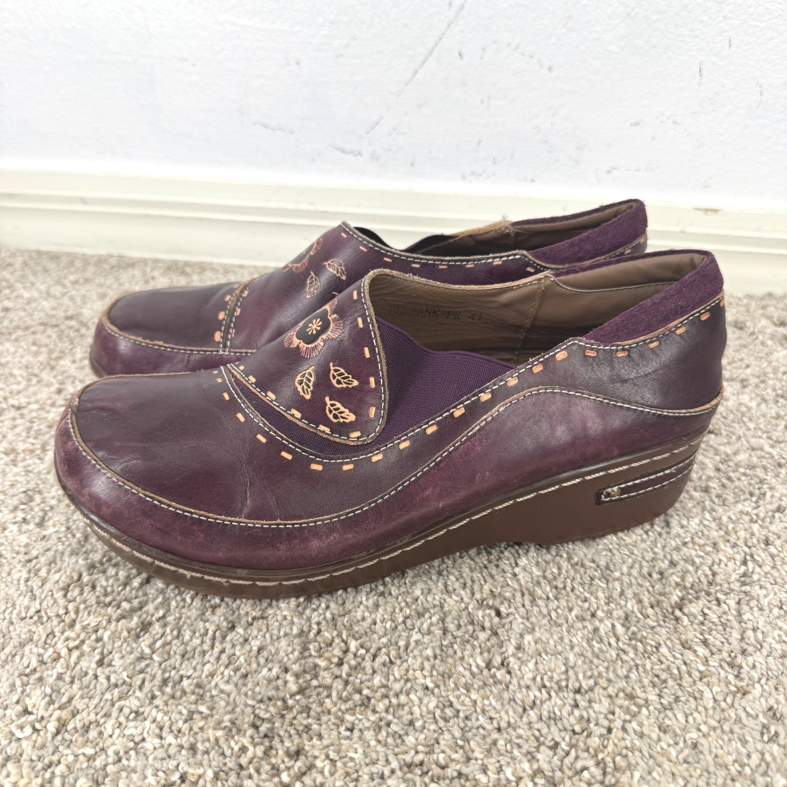 Spring Step L’Artiste Burbank Purple Leather Floral Embroidered Clogs Women 41