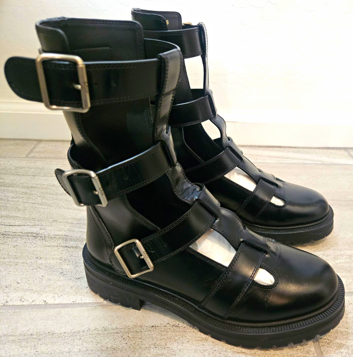 Christian Dior Black Leather Mid-Calf Biker Boots Buckle Straps US 8 EU 38