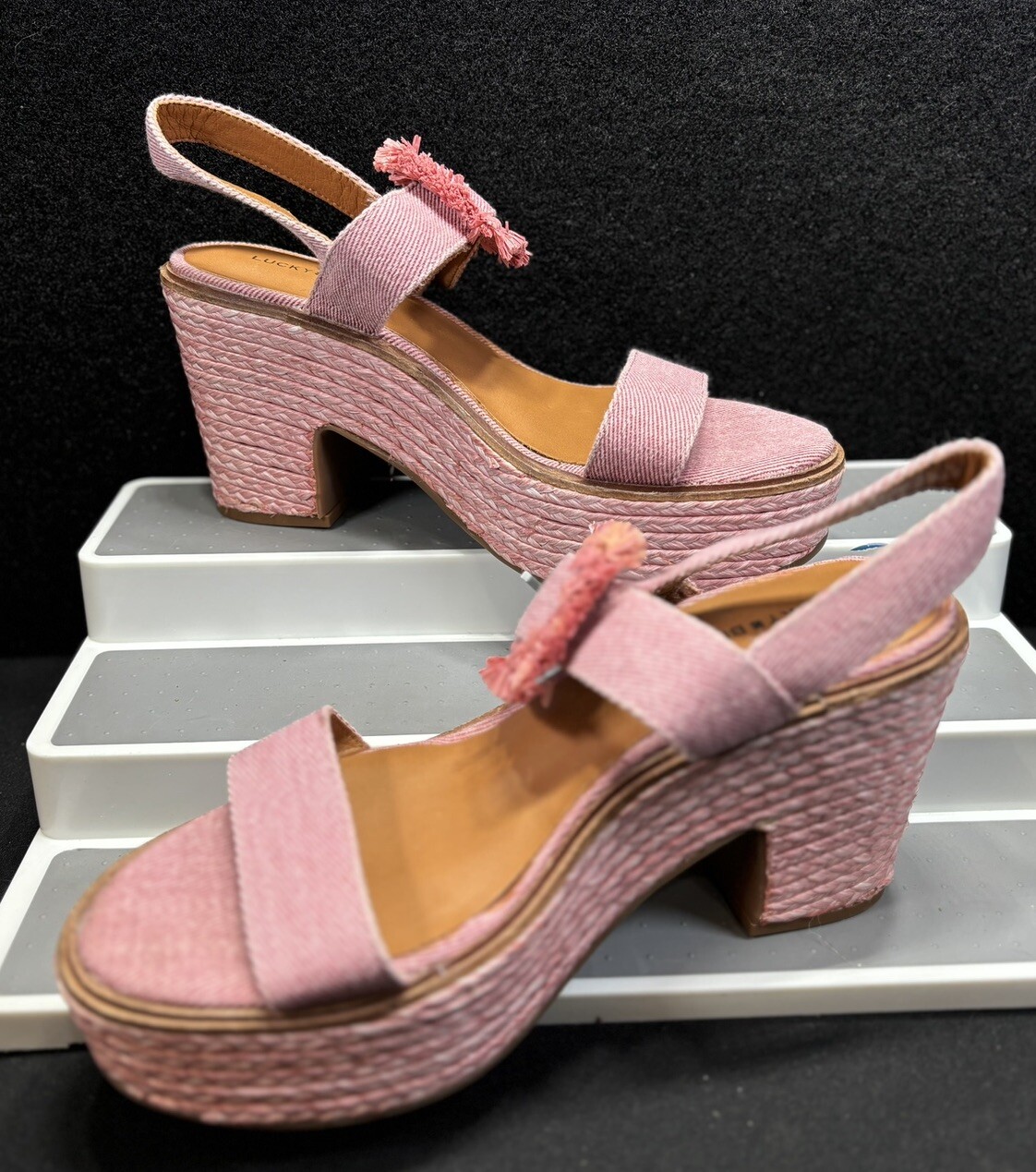 Lucky Brand Yidris Platform Espadrille Heels Sandals Pink Size 9M Straw Buckle