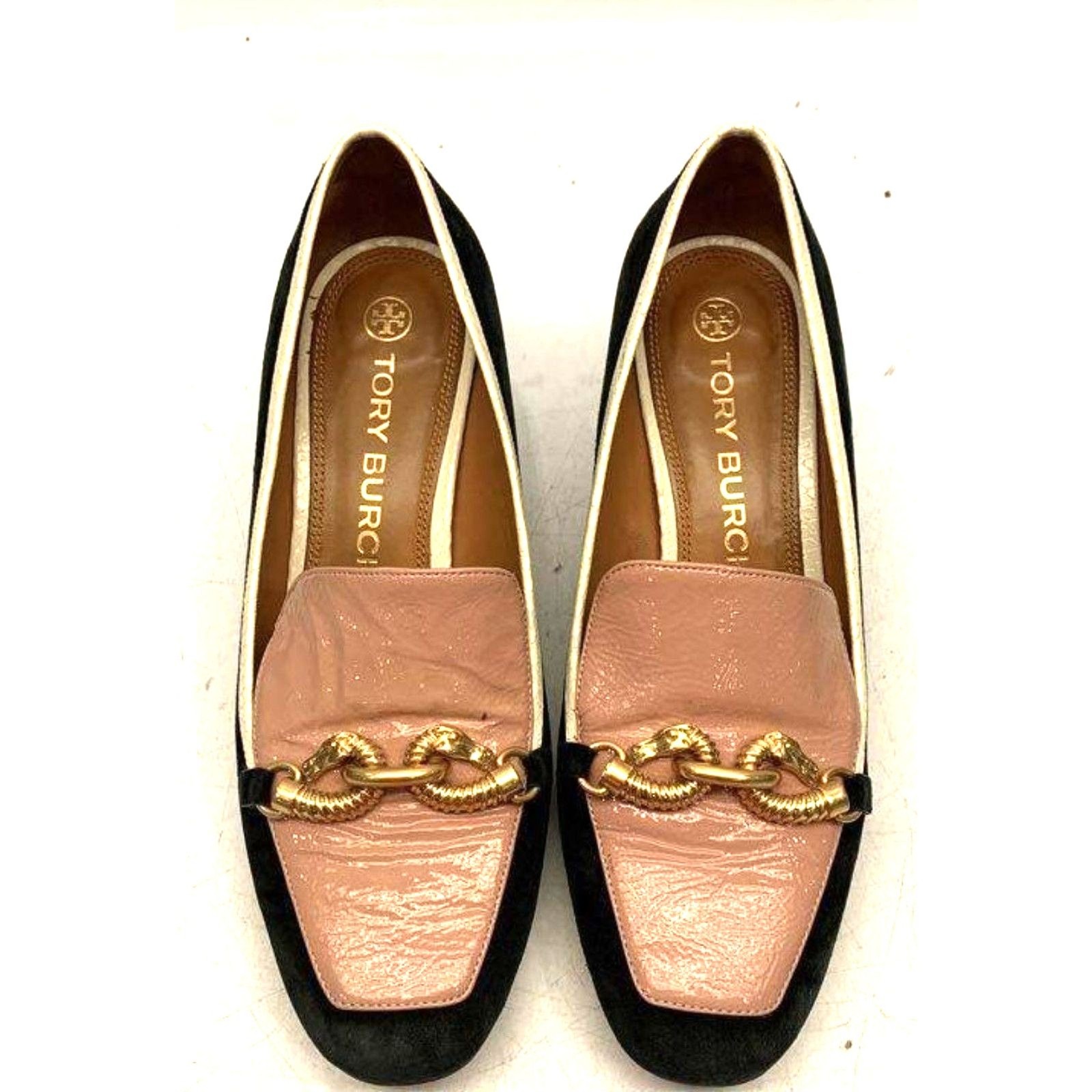 Tory Burch Jessa Loafer Pumps Suede Patent Leather Gold Chain Pink Black 10M