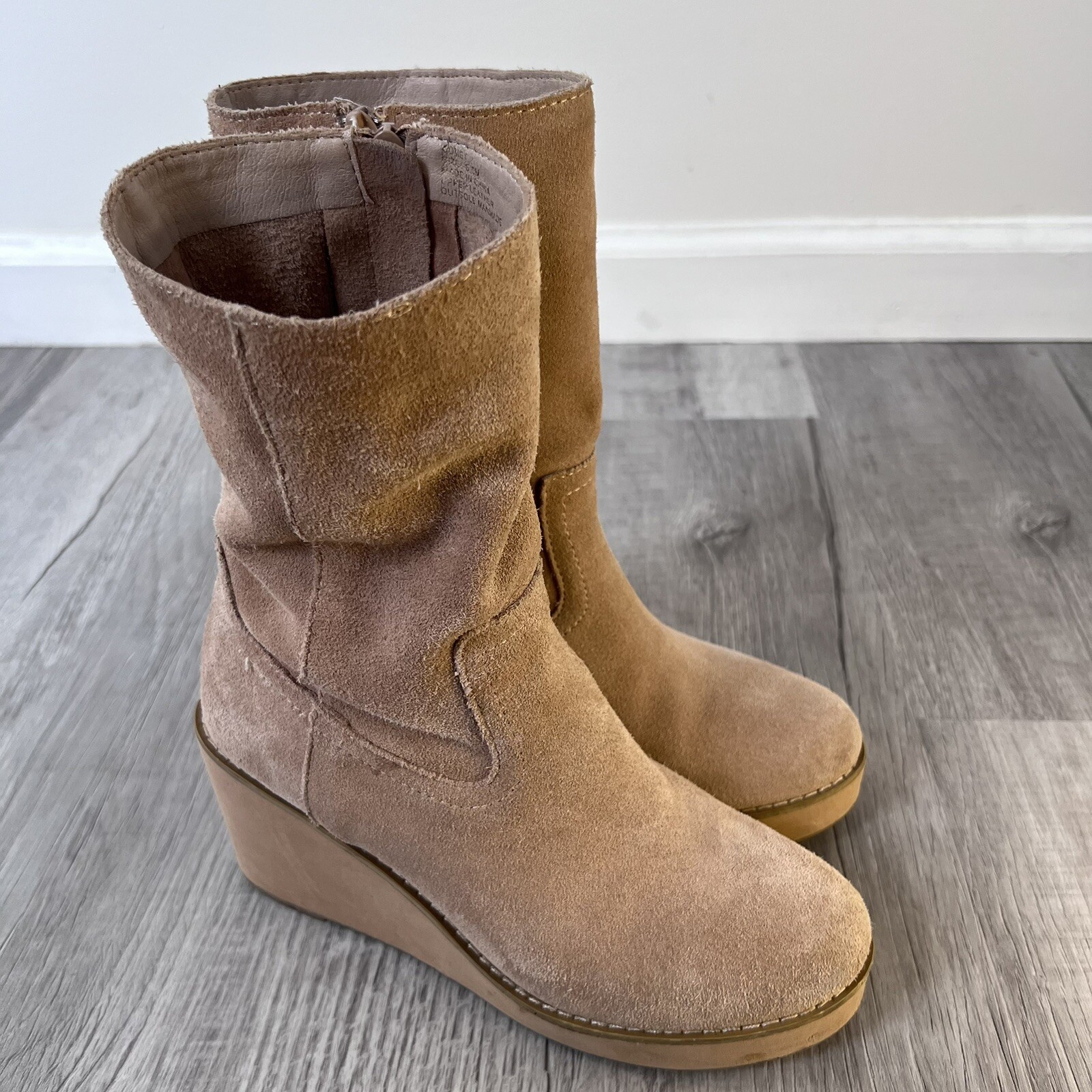 Coconuts Matisse Tan Suede Leather Comet Mid Calf Wedge Zipper Boots 6.5