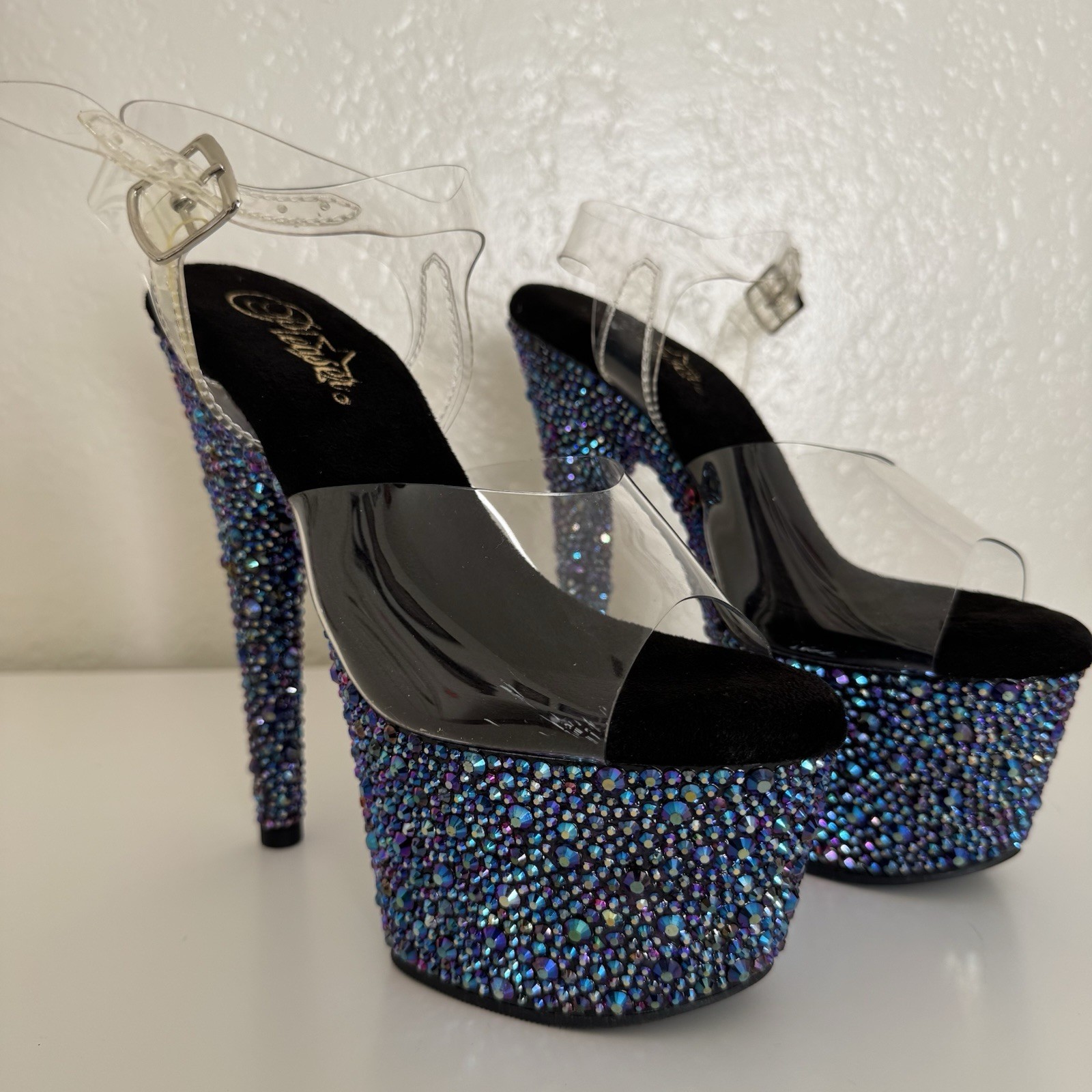 Pleaser Women’s Blue Rhinestone Platform Stiletto Heels Clear Strap 7.5