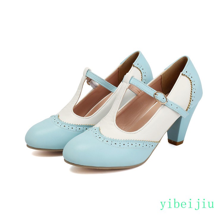 Women’s Low Heel Mary Jane Two Tone Colorblock Shoes T Strap Patchwork Casual OL
