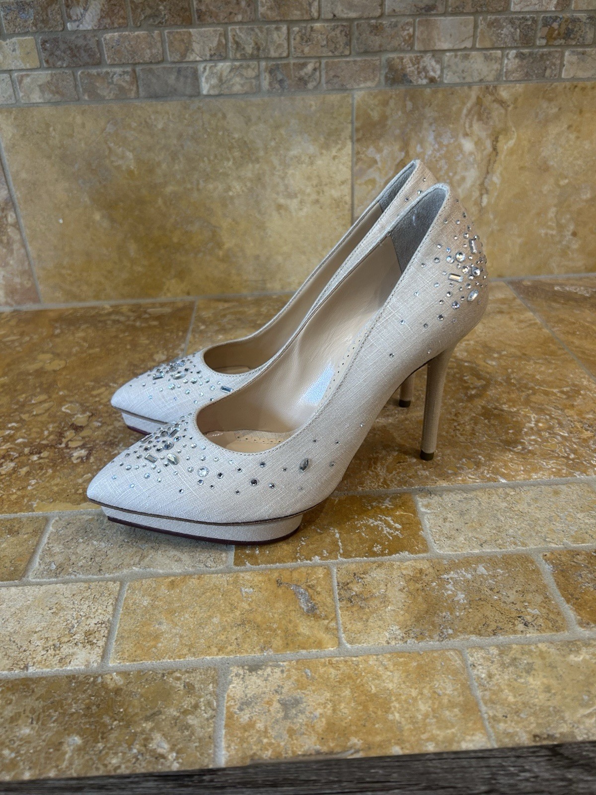 Charlotte Olympia Ivory Rhinestone Pointed Toe Stiletto Pumps Slip On 4.5