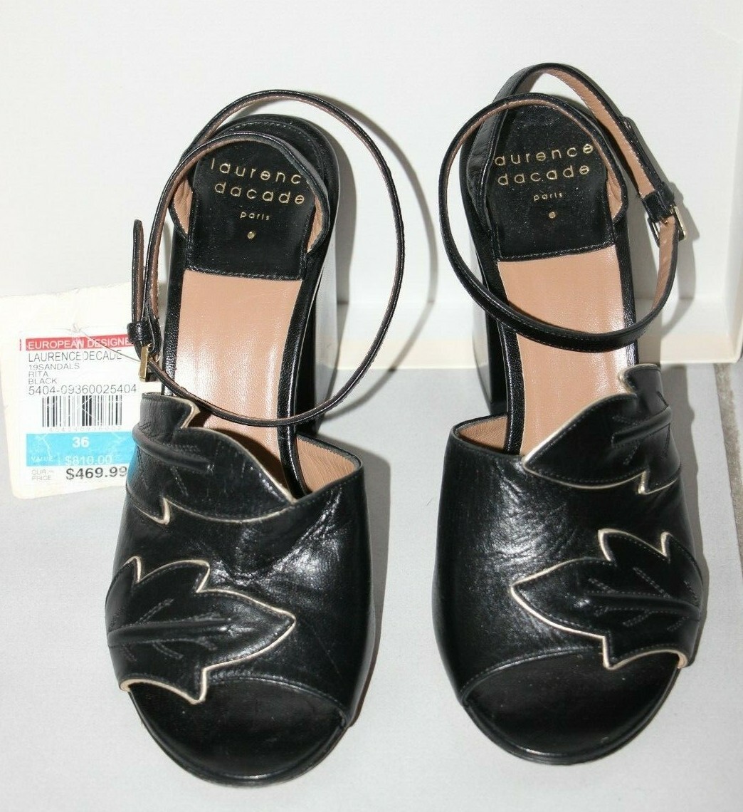 LAURENCE DACADE Rita Embossed Black Gold 3.5″ Heel Sandals sz US 6/IT 36 $810