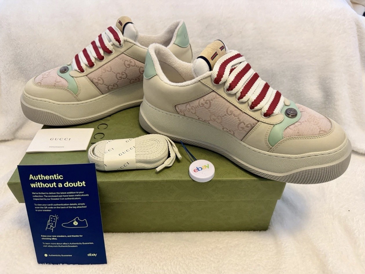 Gucci Screener GG Monogram Canvas Leather Low Top Sneakers Beige Red Green 2023