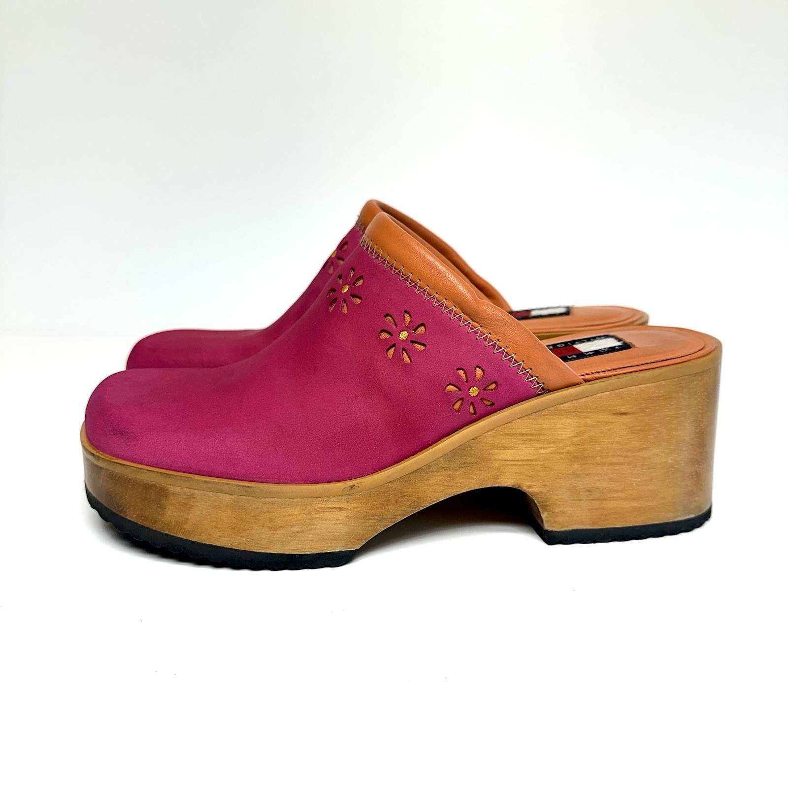 Vintage Tommy Hilfiger Y2K Hot Pink Leather Platform Clogs Mules Cutout Women 9