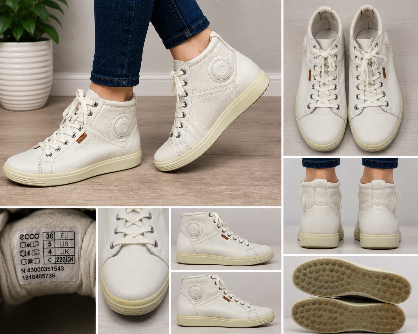 ECCO Soft 7 High Top Sneakers White Leather Lace Up Women’s EU 36 US 5