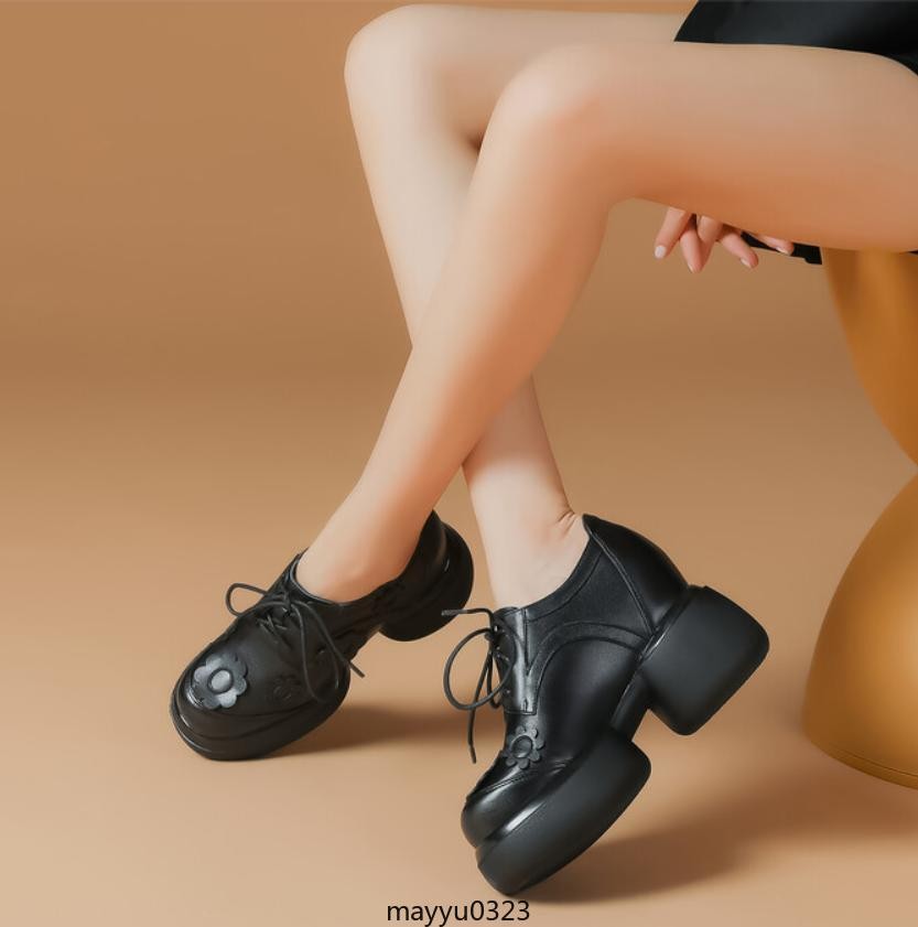 Womens Floral Lace Up Leather Mid Chunky Heel Round Toe Platform Casual Shoes