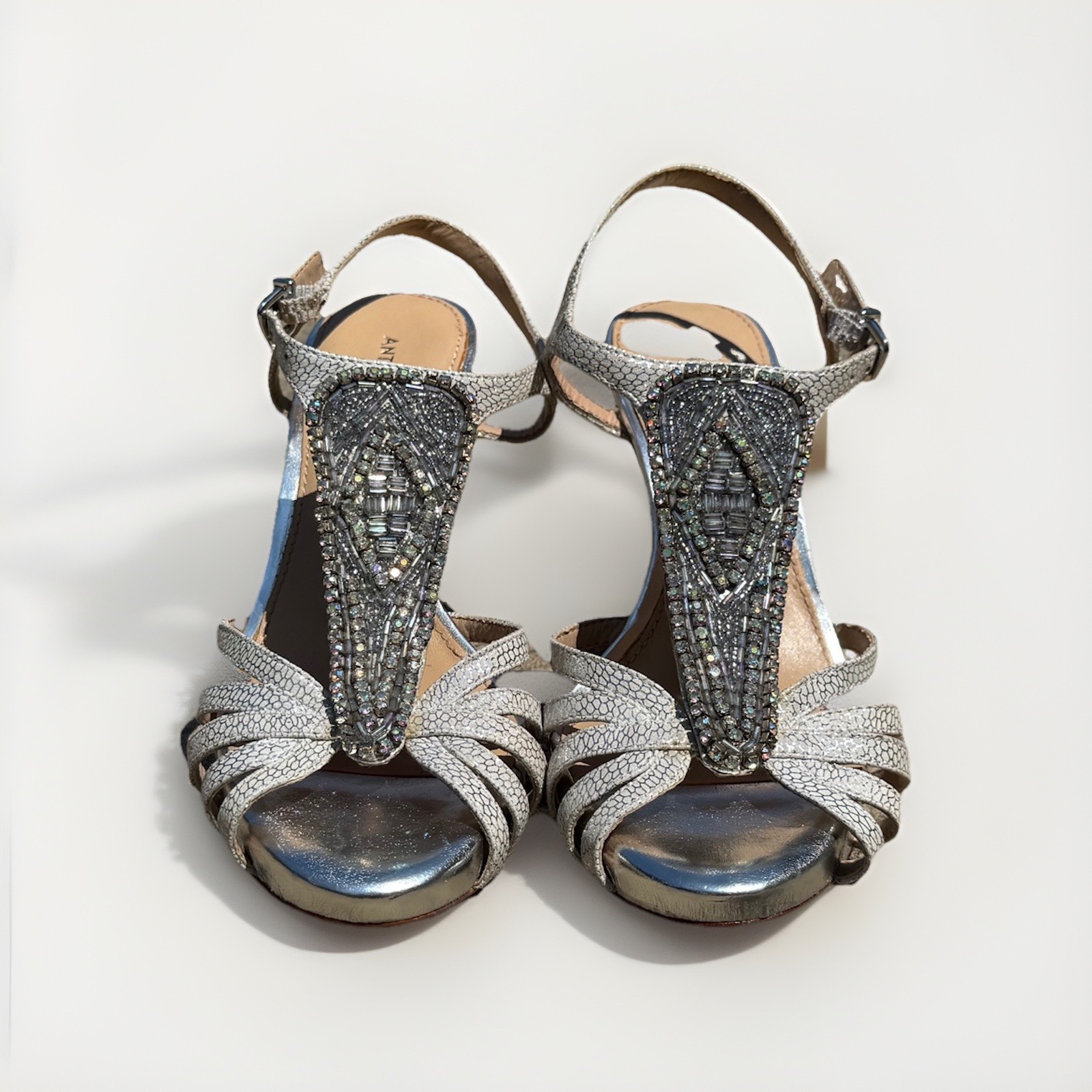 Antonio Melani Silver Embellished T Strap Stiletto Heels Size 7.5