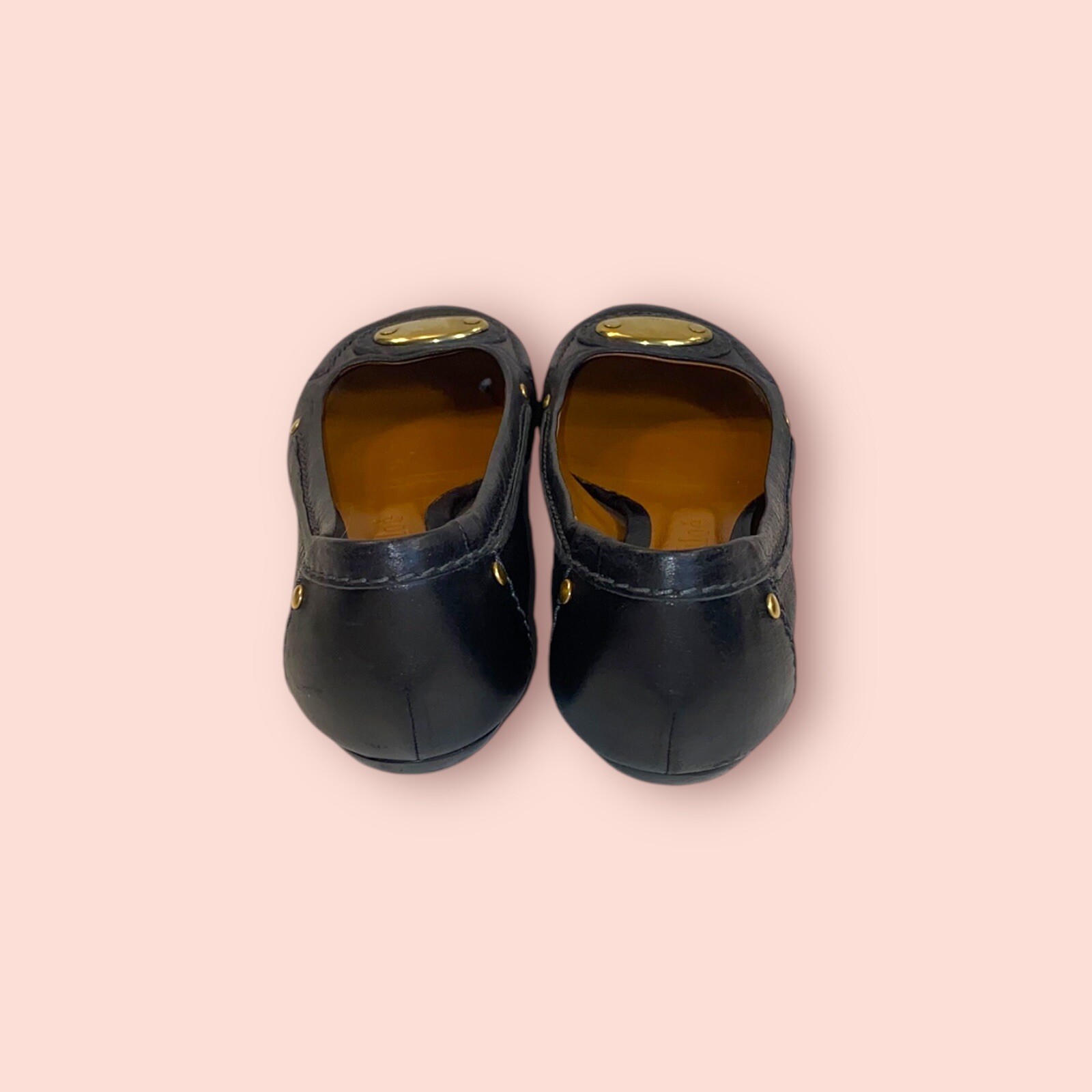 CHLOE Black Luxury Designer Leather Flats Metal Logo Accents Made In Italy 39